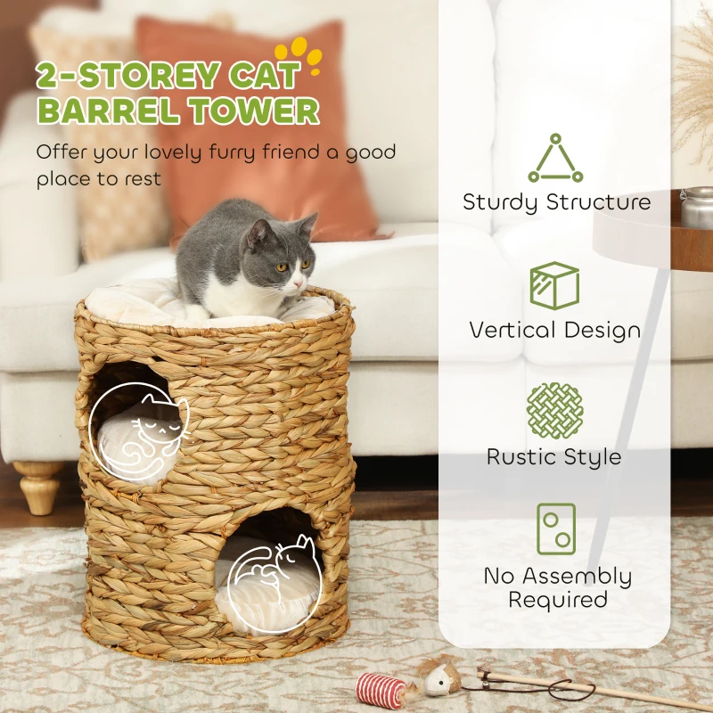 PawHut 2-Storey Cat Condo Barrel, Small Cat Tree Tower with Top Perch and 2 Hideaways, 2 Entrances, 3 Cushions, Light Brown
