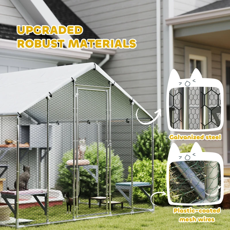 PawHut 94.5" Extra Large Metal Outdoor Catio with Waterproof Cover, 2 Resting Boxes, 7 Platforms, for Multiple Rabbits, Chicken