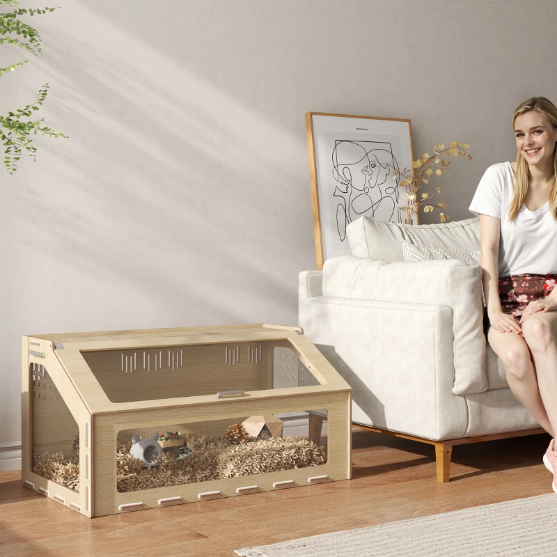 PawHut 39 inch Hamster Cage Habitat with Acrylic Window & Openable Top for Dwarf Hamster, Gerbil, Guinea Pig, Rat, Oak