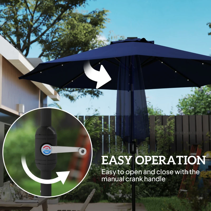 Outsunny 9ft Solar Patio Umbrella Outdoor Sunshade 24 LED Lights Tilt Canopy Navy Blue