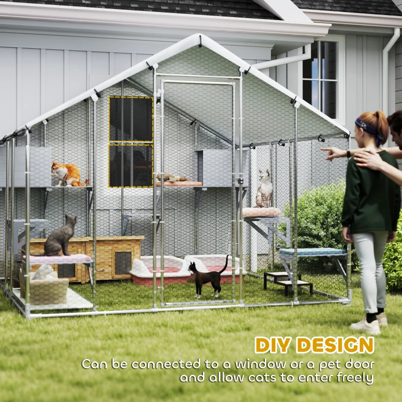 PawHut 94.5" Extra Large Metal Outdoor Catio with Waterproof Cover, 2 Resting Boxes, 7 Jumping Platforms, for Multiple Cats(m-6)