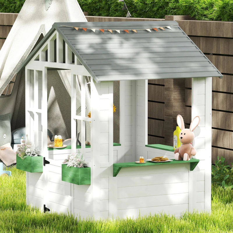 Outsunny Kids Wooden Playhouse, Outdoor Garden Games Cottage with Flowers Pot Holder, Working Door, Windows, White