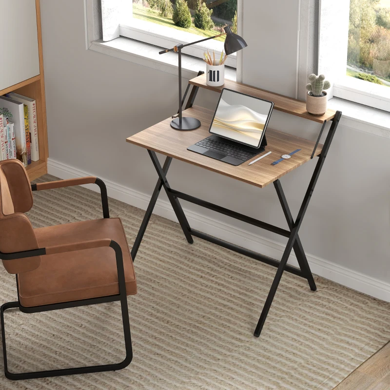HOMCOM Folding Computer Desk, 32" Foldable Desk with Monitor Shelf for Small Space, Home Office, Study, Easy Assembly, Walnut