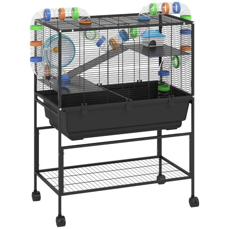 PawHut 3 Tier Hamster Cage, Rolling Rat Cage with Deep Tray, Storage Shelf, Big Exercise Wheel, Hut, Tube System