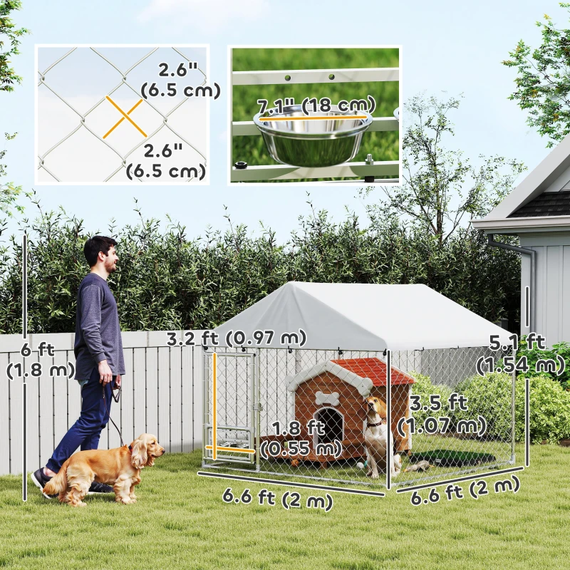 PawHut Outdoor Dog Run w/ Adjustable & Rotating Bowls, Waterproof UV-Resistant Cover, Secure Lock, 6.6' x 6.6' x 5.1'