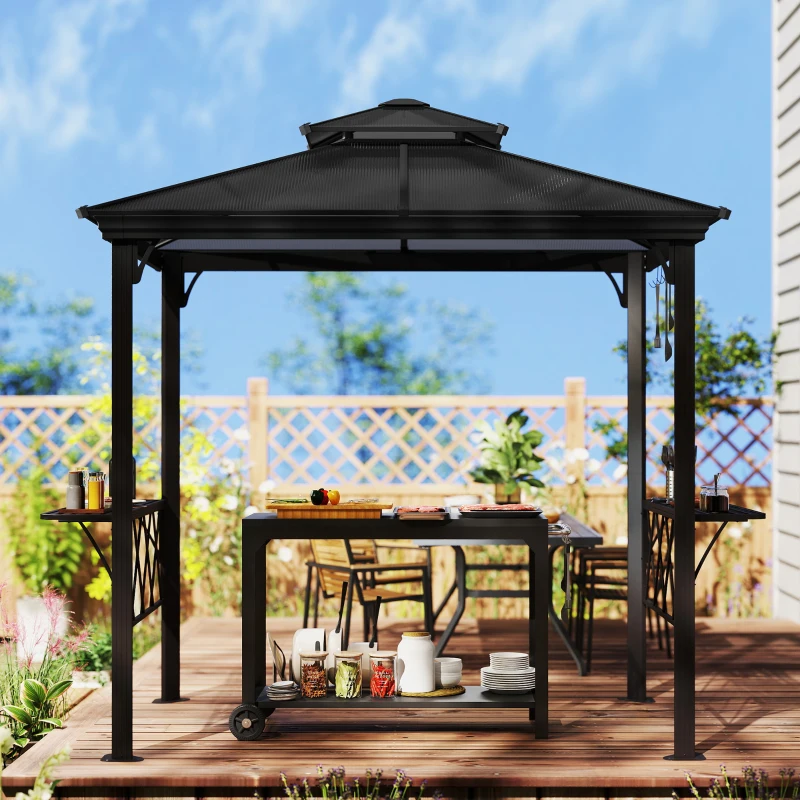 Outsunny Outside Porch BBQ Cooking Pergola Canopy with 6 Hooks for Utensils and Double Venting Roof, Coffee