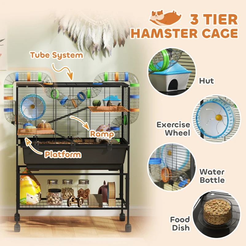 PawHut 3 Tier Hamster Cage, Rolling Rat Cage with Deep Tray, Storage Shelf, Big Exercise Wheel, Hut, Tube System