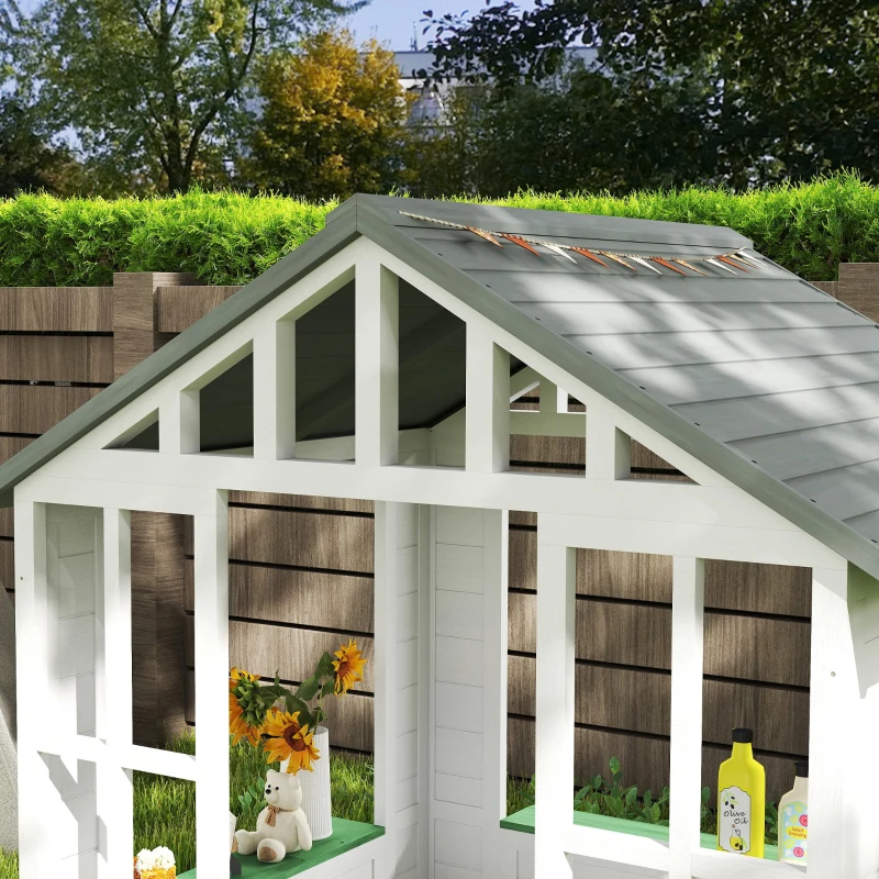 Outsunny Kids Wooden Playhouse, Outdoor Garden Games Cottage with Flowers Pot Holder, Working Door, Windows, White