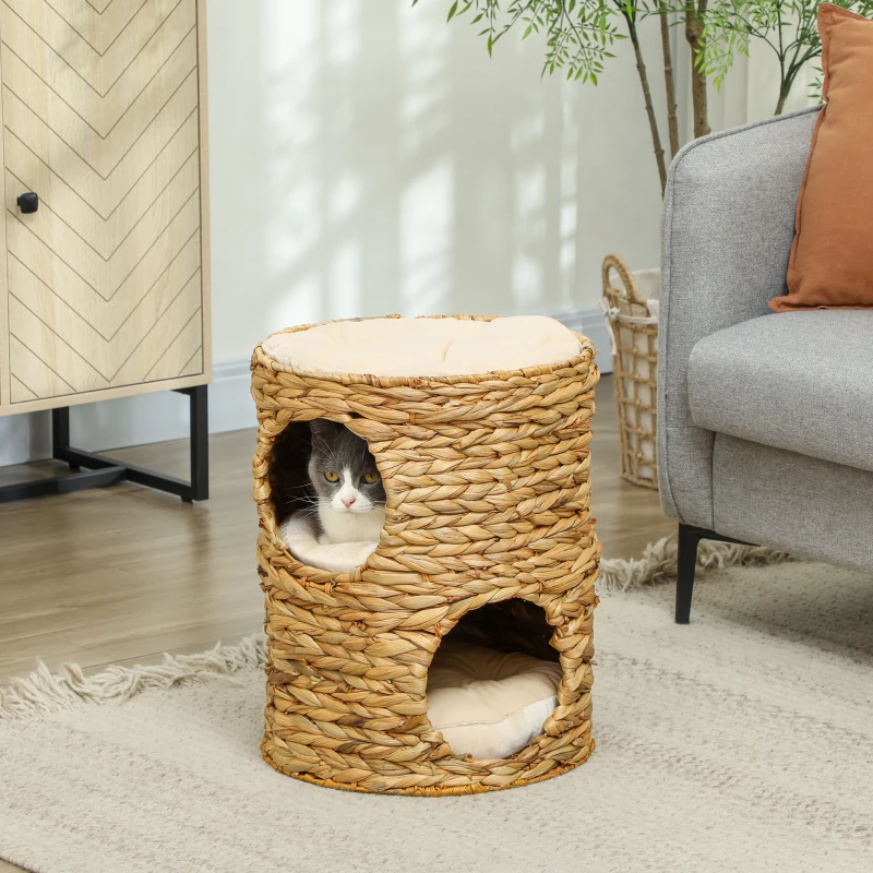 PawHut 2-Storey Cat Condo Barrel, Small Cat Tree Tower with Top Perch and 2 Hideaways, 2 Entrances, 3 Cushions, Light Brown