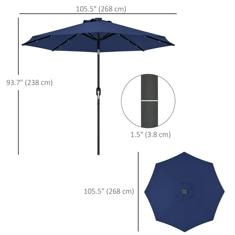 Outsunny 9ft Solar Patio Umbrella Outdoor Sunshade 24 LED Lights Tilt Canopy Navy Blue