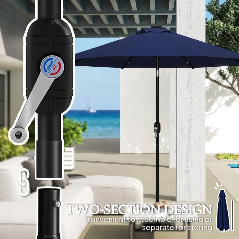 Outsunny 9ft Solar Patio Umbrella Outdoor Sunshade 24 LED Lights Tilt Canopy Navy Blue