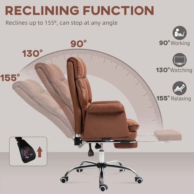 HOMCOM PU Leather Executive Office Chair, Ergonomic and Reclining Office Desk Chair with Footrest, Brown