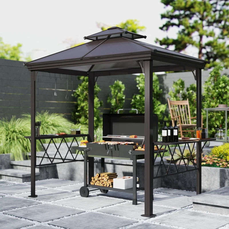 Outsunny Outside Porch BBQ Cooking Pergola Canopy with 6 Hooks for Utensils and Double Venting Roof, Coffee