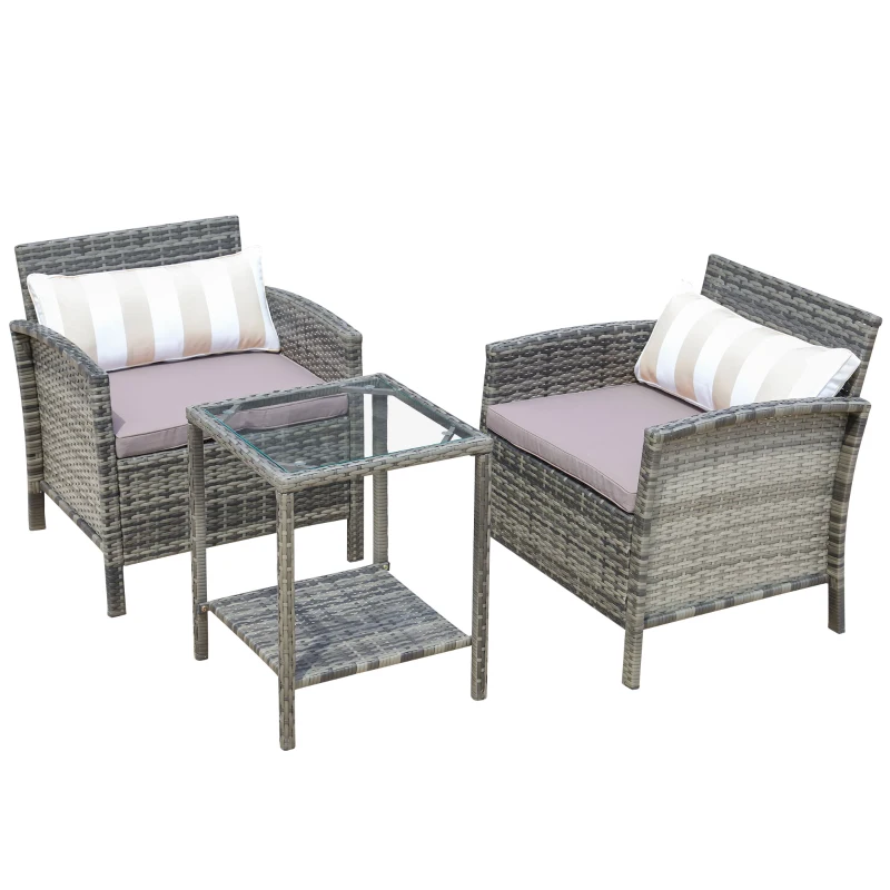 Outsunny 3 Piece Patio Furniture Set w/ Cushions, PE Rattan Outdoor Table And Chairs, 2-Tier Glass Top Coffee Table, Striped