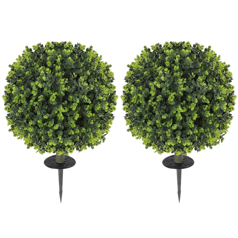 HOMCOM 2 Pack 1.3ft Artificial Ball Eucalyptus Topiary with Ground Stake, UV Resistant Faux Greenery for Indoor Outdoor