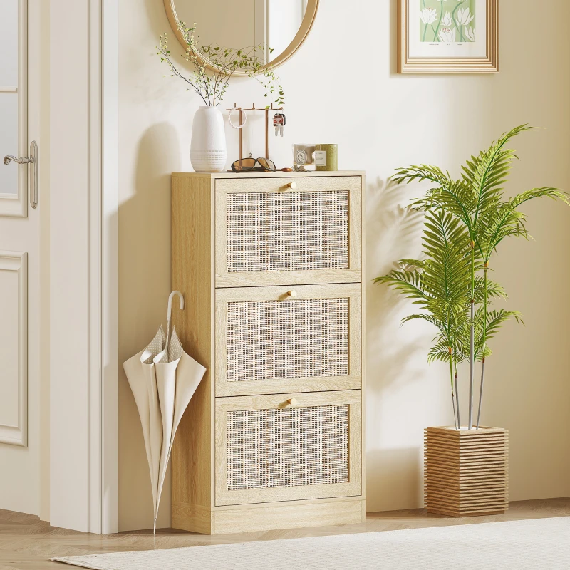 HOMCOM Rattan Shoe Storage Cabinet with 3 Flip Drawers and Adjustable Shelves, Entryway Shoe Cabinet for 18 Pairs, Oak