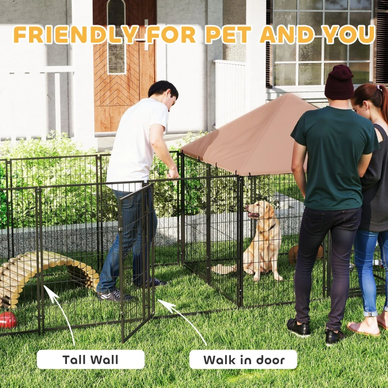 PawHut Large Outdoor Dog Kennel with 2 Rooms, Rotating & Adjustable Height Bowls, Waterproof & UV-Resistant Canopy(m-7)