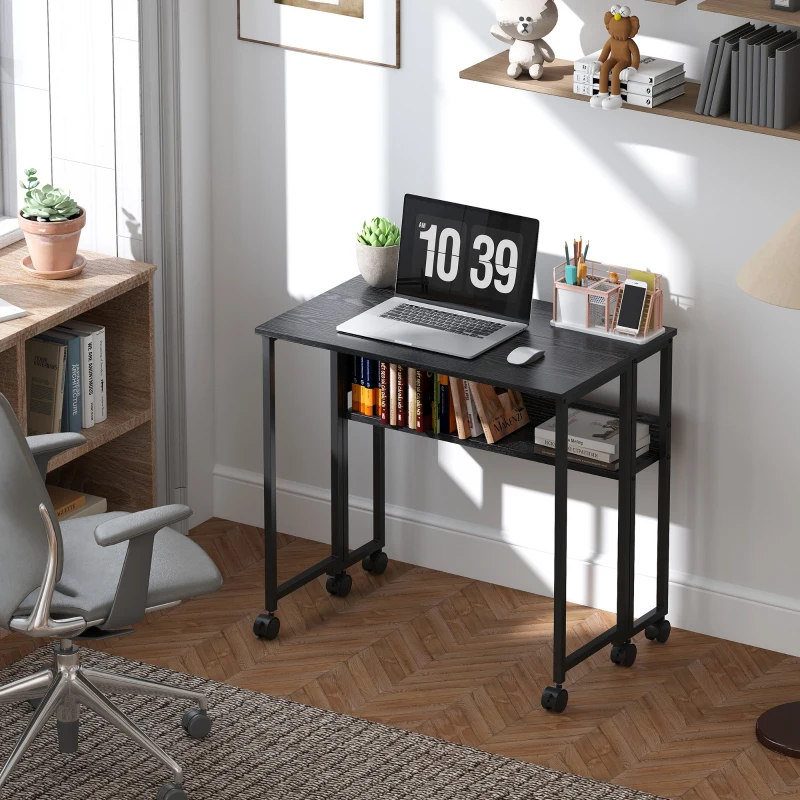 HOMCOM Folding Computer Desk, Foldable Desk with Storage Bag, Shelf and Wheels for Small Spaces, Home Office, Black