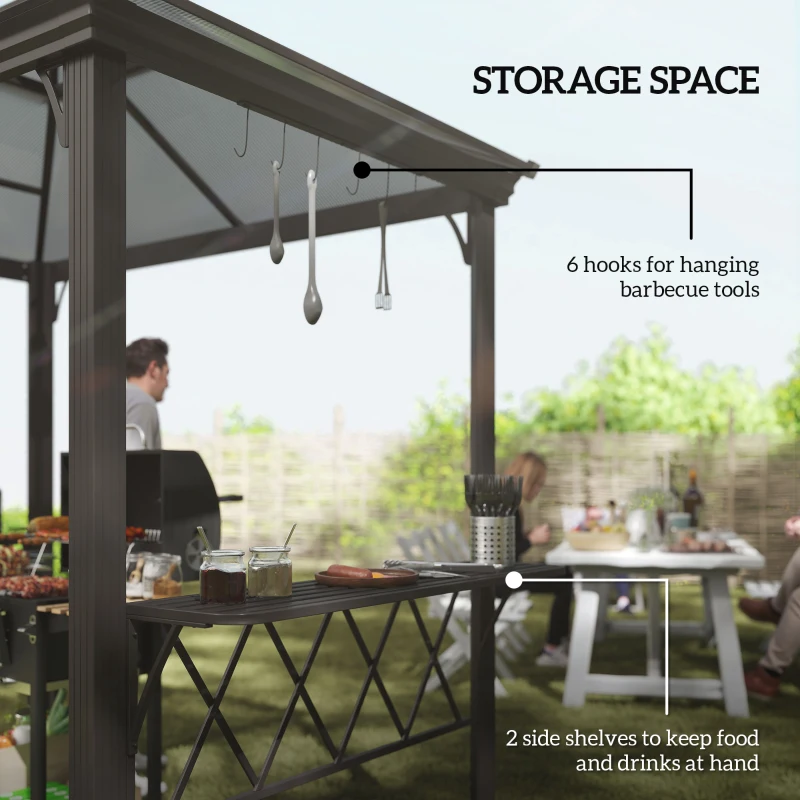 Outsunny Outside Porch BBQ Cooking Pergola Canopy with 6 Hooks for Utensils and Double Venting Roof, Coffee