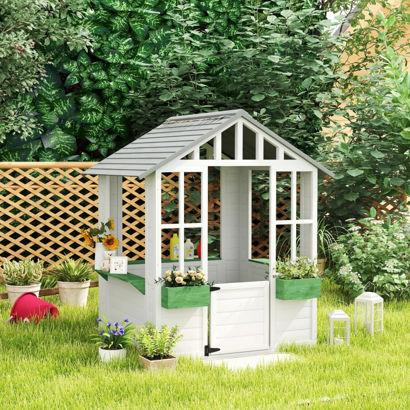Outsunny Kids Wooden Playhouse, Outdoor Garden Games Cottage with Flowers Pot Holder, Working Door, Windows, White