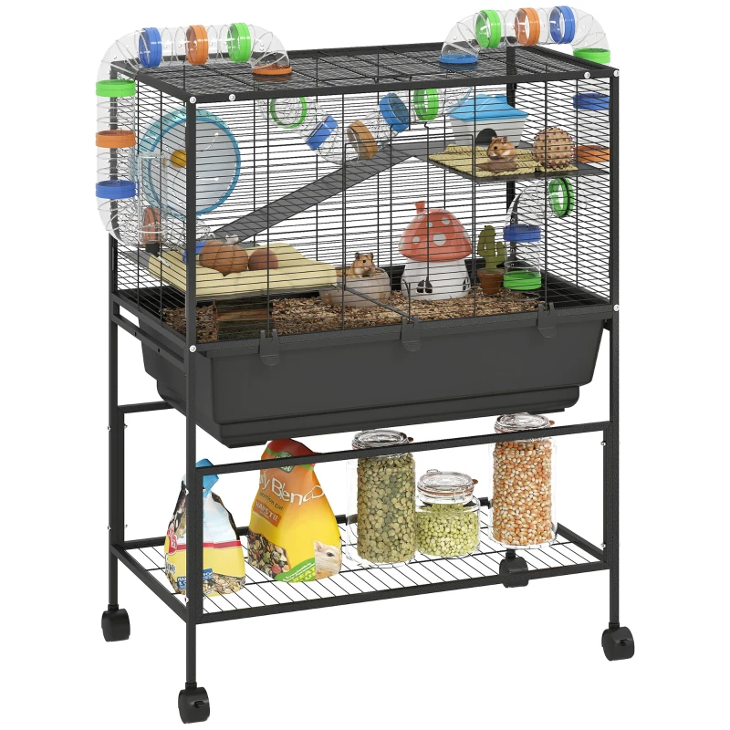 PawHut 3 Tier Hamster Cage, Rolling Rat Cage with Deep Tray, Storage Shelf, Big Exercise Wheel, Hut, Tube System