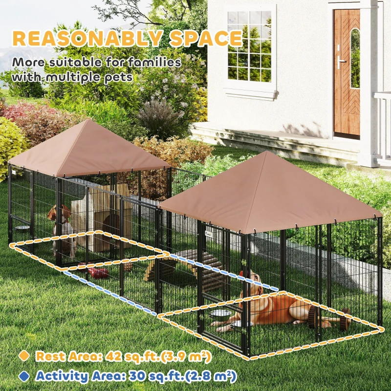 PawHut Large Outdoor Dog Kennel with 2 Rooms, Rotating & Adjustable Height Bowls, Waterproof & UV-Resistant Canopy(m-4)