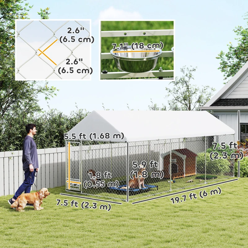 PawHut Outdoor Dog Run with Adjustable & Rotatable Bowls, Waterproof UV-Resistant Cover, Escape-Proof Lock, 19.7' x 7.5' x 7.5'