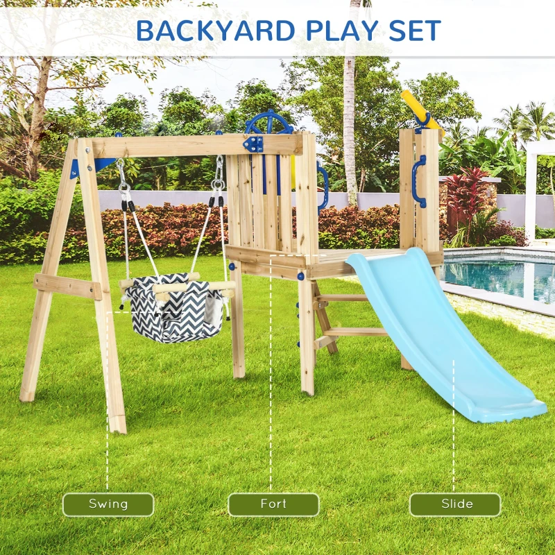 Outsunny Swing Set for Backyard, Wooden Toddler Outdoor Playset with Baby Swing Seat, Kids Slide, Fort, Playground Equipment with Captain's Wheel, Telescope for Ages 1.5-4, Natural