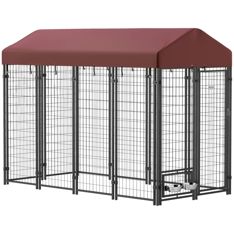 PawHut Outdoor Dog Kennel with Rotating Bowl Holders, Walk-in Pet Playpen with Waterproof Cover, 8' x 4' x 6', Red