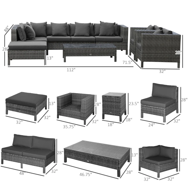 Outsunny Patio Furniture Set, 9 Piece Outdoor Sectional Sofa, All-Weather PE Rattan Wicker Conversation Set with Chairs, Ottoman, Loveseat, Coffee and Side Table, Cushions, Black