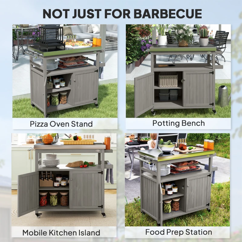 Outsunny Outdoor Grill Cart w/ Stainless Steel Top, Solid Wood Outdoor Kitchen Island w/ Wheels, Storage Cabinets, Gray
