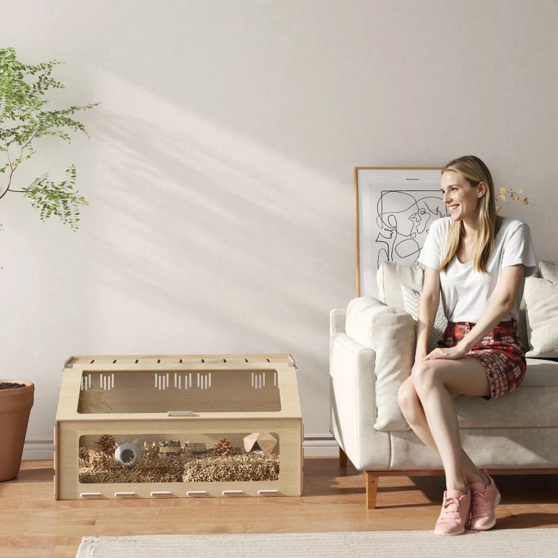 PawHut 39 inch Hamster Cage Habitat with Acrylic Window & Openable Top for Dwarf Hamster, Gerbil, Guinea Pig, Rat, Oak