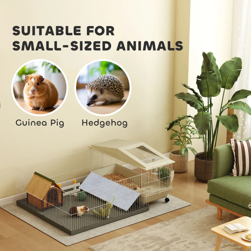 PawHut Small Animal Cage with Removable Pet Playpen, Guinea Pig Cage with Waterproof Pad, Hay Feeder, Water Bottle, Food Dish