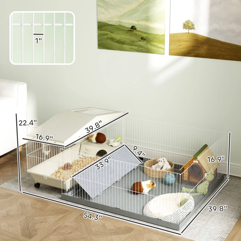 PawHut Small Animal Cage with Removable Pet Playpen, Guinea Pig Cage with Waterproof Pad, Hay Feeder, Water Bottle, Food Dish