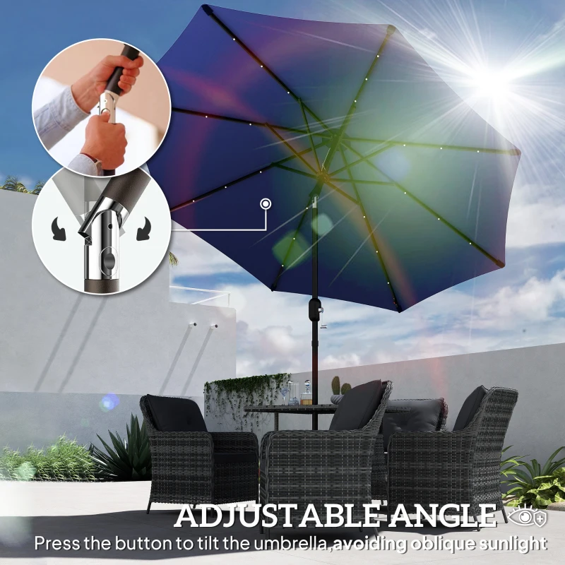 Outsunny 9ft Solar Patio Umbrella Outdoor Sunshade 24 LED Lights Tilt Canopy Navy Blue