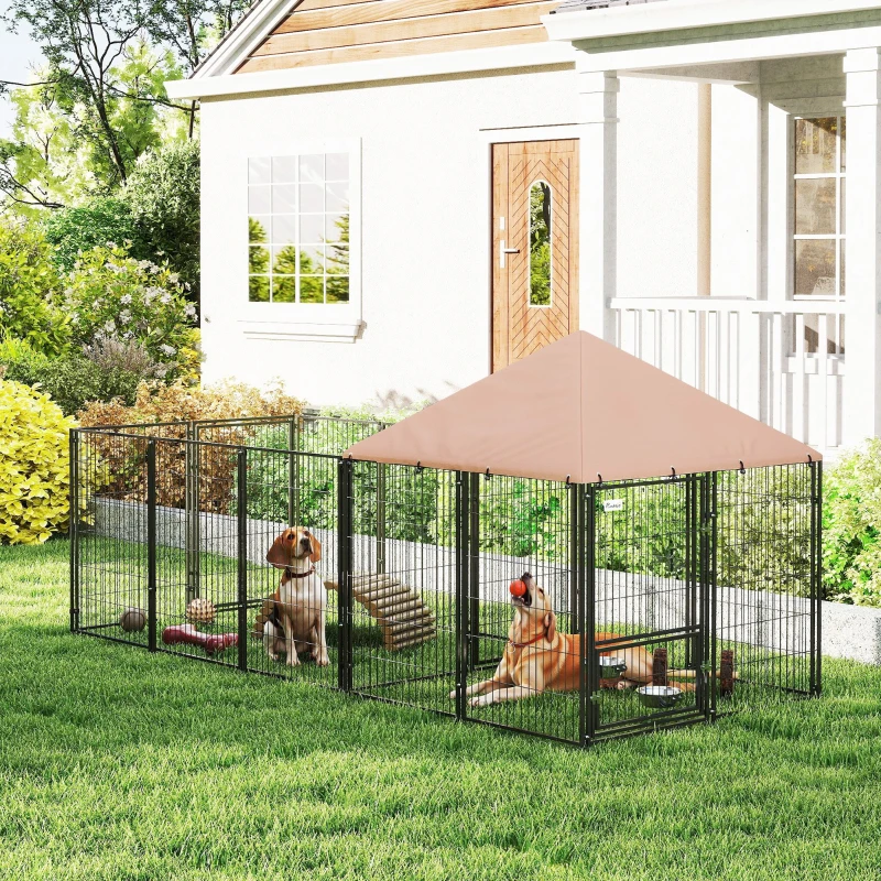 PawHut Large Outdoor Dog Kennel with Rotating & Adjustable Height Bowls, Waterproof & UV-Resistant Canopy, 11.3' x 4.7' x 5.1'