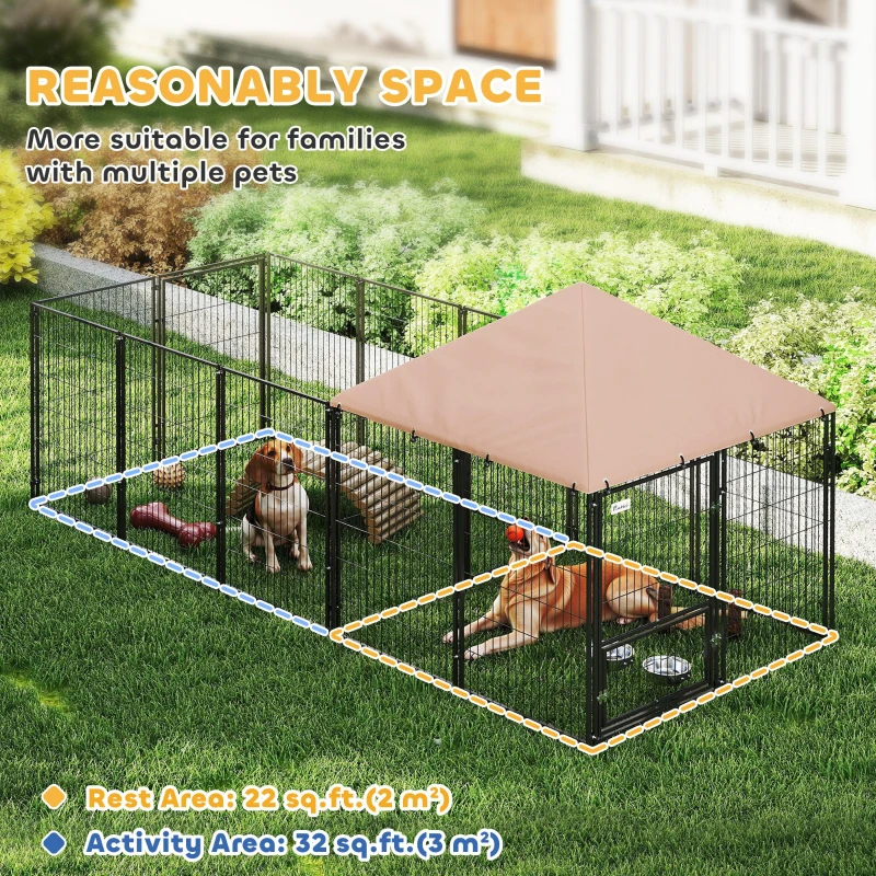 PawHut Large Outdoor Dog Kennel with Rotating & Adjustable Height Bowls, Waterproof & UV-Resistant Canopy, 11.3' x 4.7' x 5.1'