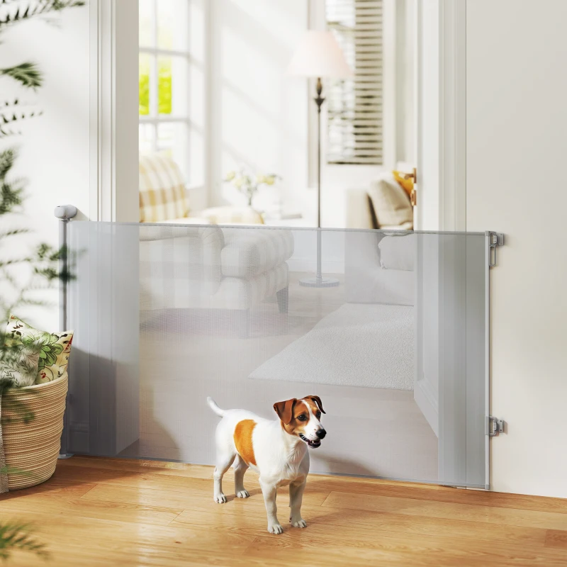 PawHut Retractable Dog Gate Extends Up to 55" Wide, 34" Tall, for Stairs, Doorways, Hallways, Indoor and Outdoor, Grey