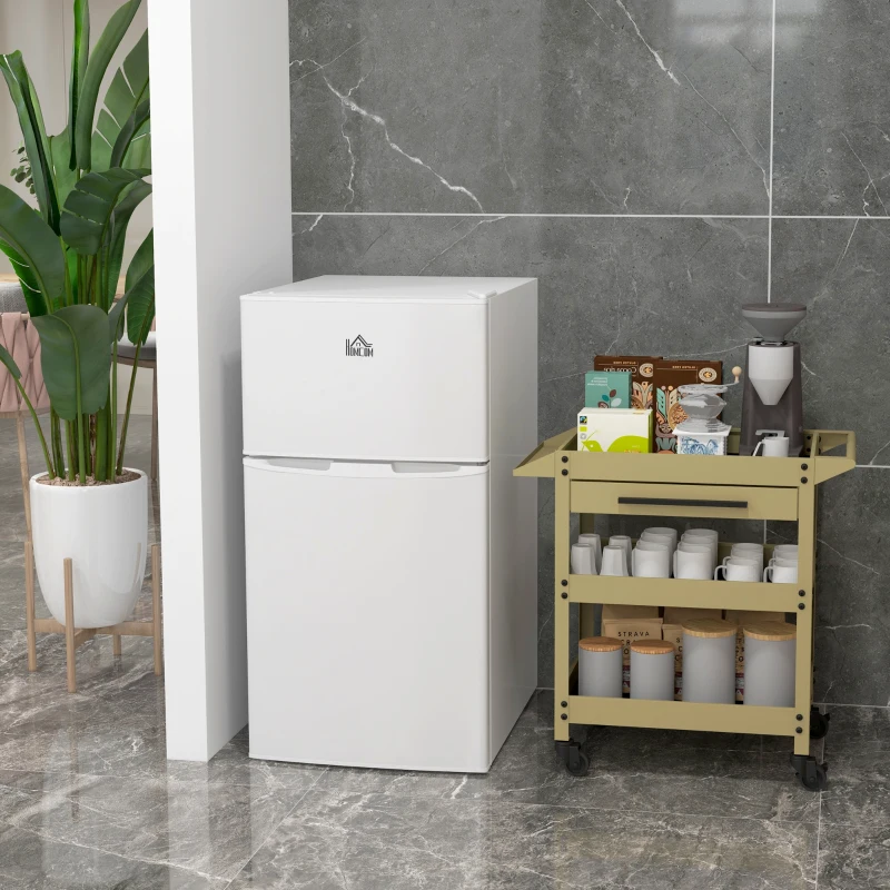 HOMCOM 3.2 Cu.Ft Mini Fridge with Freezer, Double Door Compact Refrigerator with Adjustable Thermostat, Shelf and Reversible Door for Bedroom, Dorm, Home Office, Energy Efficient, White