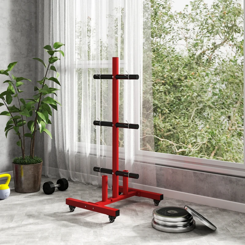 Soozier 2 Inch Weight Plate Rack, Plate Rack Holder for Olympic Weight Plates and Bars, with 4 Transport Wheels and 6 Fasten Clamps, 440 lbs. Capacity, Red