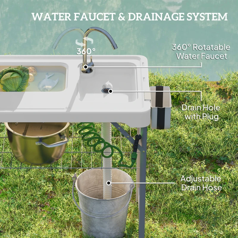 Outsunny Folding Fish Cleaning Table with Sinks, Portable Camping Sink Table with Faucet, Drainage Hose, Sprayer, Shelf, Drawer and Storage Basket, Outdoor Fillet Table for Picnic Beach Patio, White