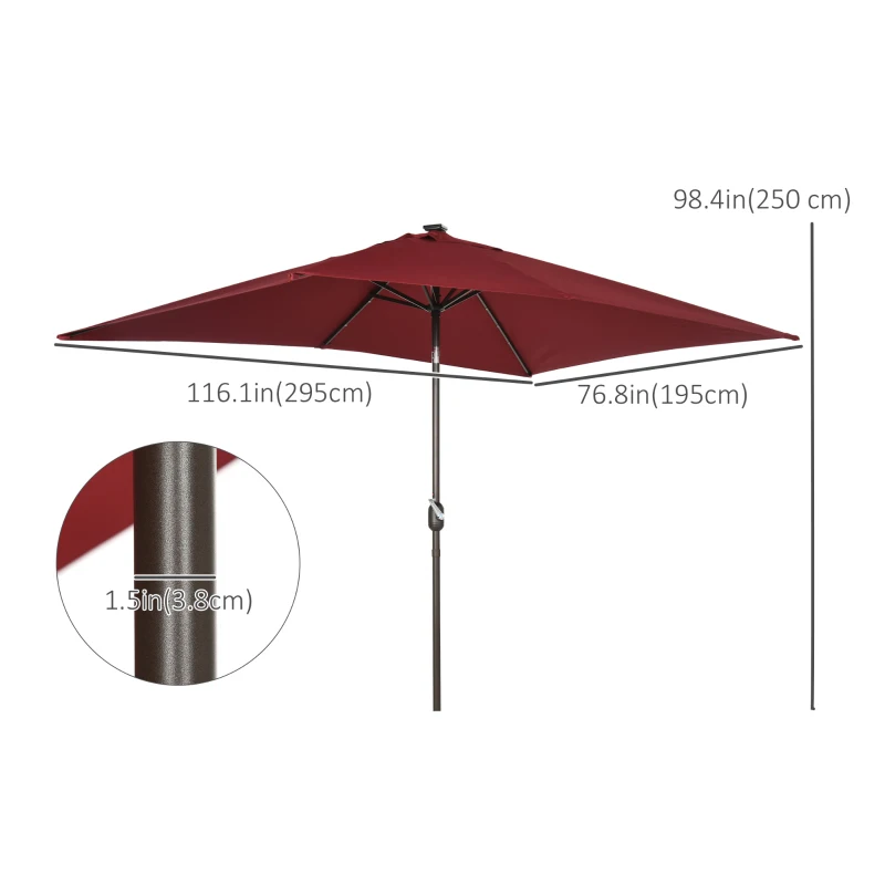 Outsunny 6.5x10ft Patio Umbrella Rectangle Solar Powered Tilt Aluminum Outdoor Market Parasol with LEDs Crank (Wine Red)