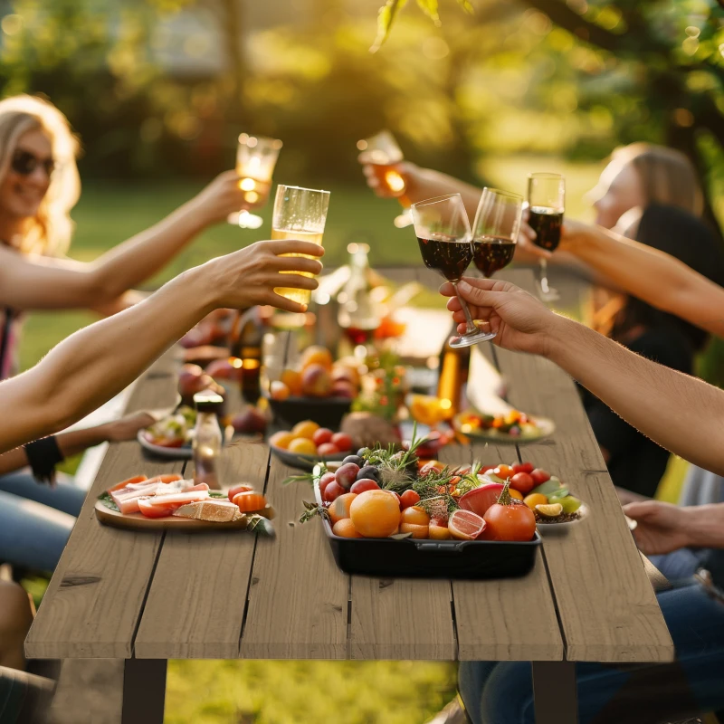 Outsunny 5.7 FT Outdoor Picnic Table with 2" Umbrella Hole, Spruce Wood Dining Table and 795 LBS Benches with Steel Frame, Brown