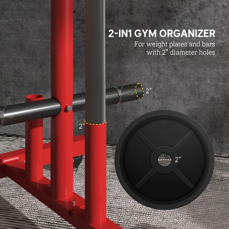Soozier 2 Inch Weight Plate Rack, Plate Rack Holder for Olympic Weight Plates and Bars, with 4 Transport Wheels and 6 Fasten Clamps, 440 lbs. Capacity, Red