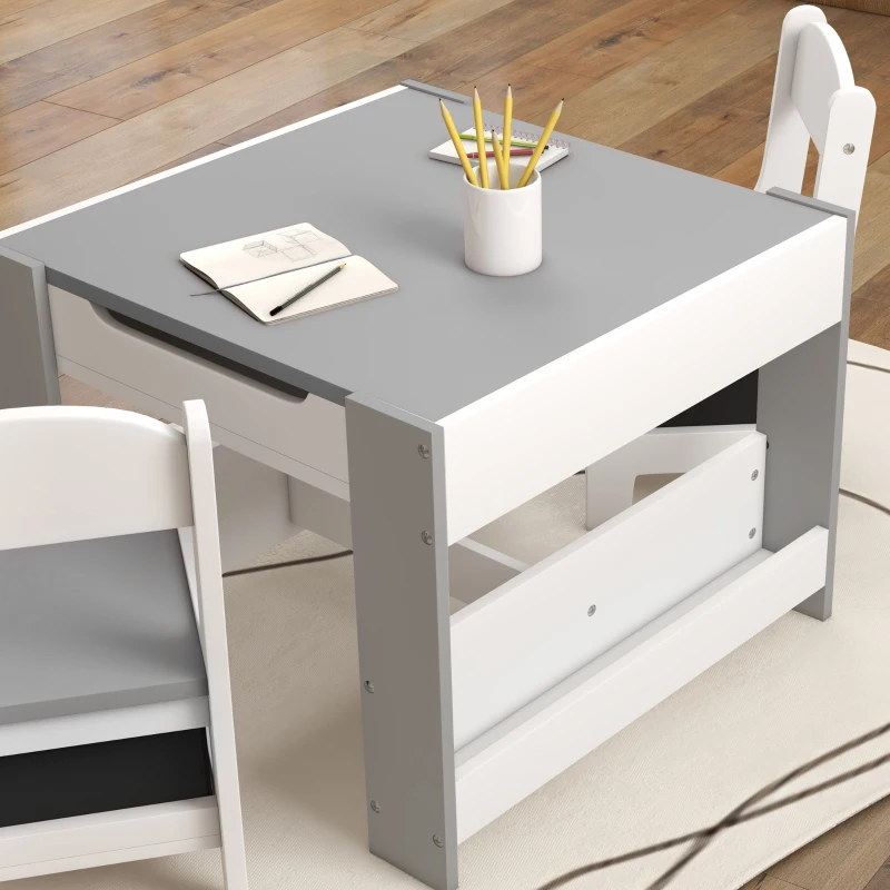 Qaba 3pc Kids Table and Chair Set with Reversible Tabletop Blackboard, Storage & Bookshelves, Gray