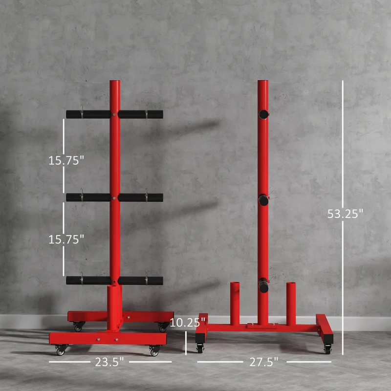 Soozier 2 Inch Weight Plate Rack, Plate Rack Holder for Olympic Weight Plates and Bars, with 4 Transport Wheels and 6 Fasten Clamps, 440 lbs. Capacity, Red