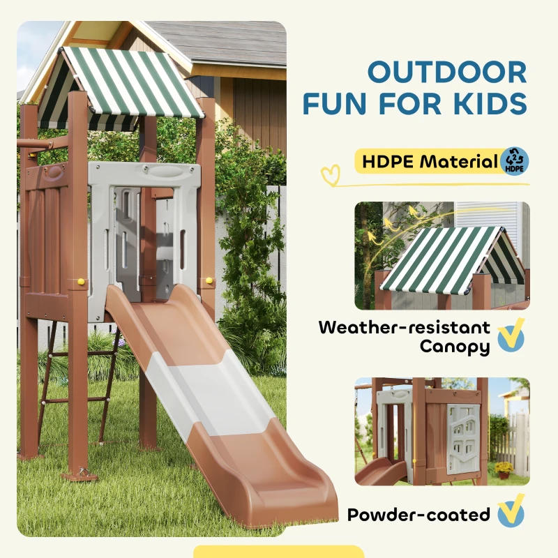 Qaba Kids Swing Set with 6 FT Slide, 2 Adjustable Swings, Fort with Canopy, Ladder, Ground Stakes for Ages 3-8, Brown