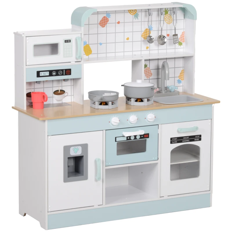 Qaba Play Kitchen, Kids Kitchen Playset with Coffee Machine, Ice Maker, Stove, Microwave, Oven, Sound & Lights