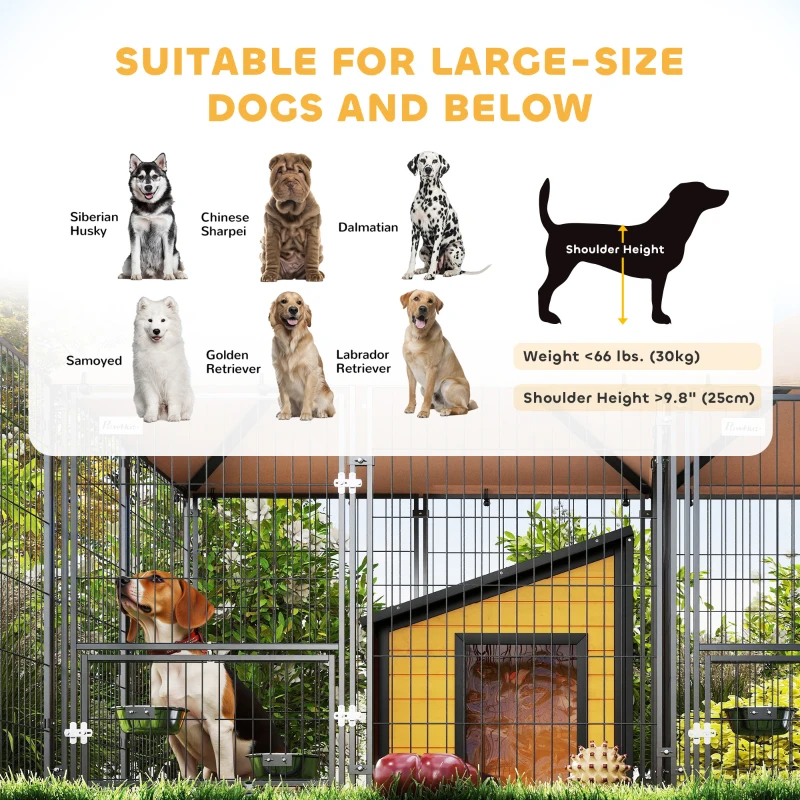 PawHut Large Outdoor Dog Kennel with 2 Rooms, Rotating & Adjustable Height Bowls, 13.5' x 9.4' x 5.1'(m-9)