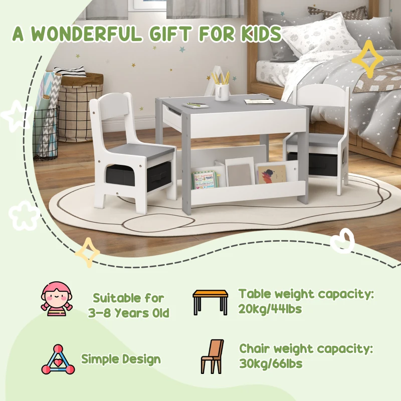 Qaba 3pc Kids Table and Chair Set with Reversible Tabletop Blackboard, Storage & Bookshelves, Gray